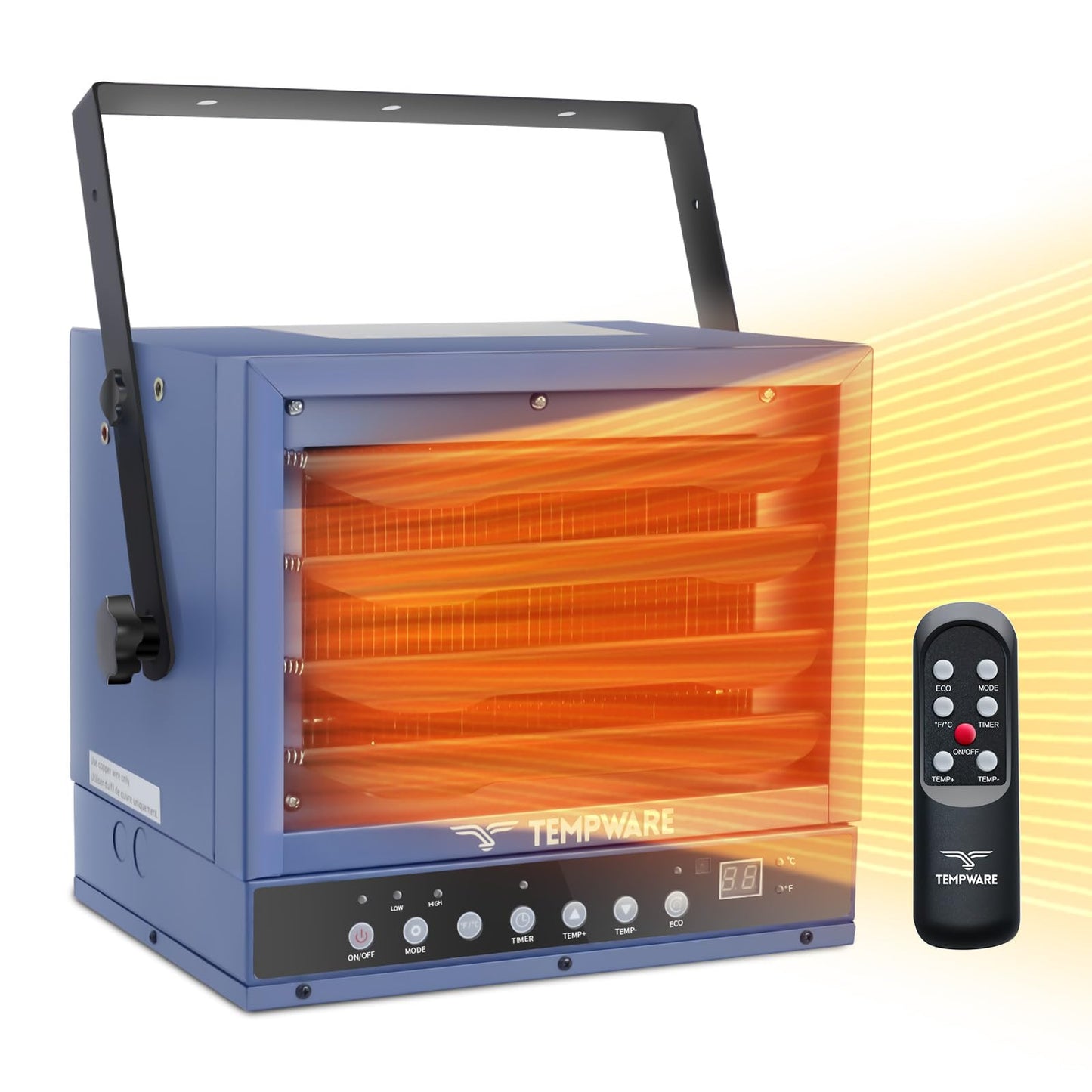TEMPWARE Electric Garage Heater, 7500-Watt Digital Fan-Forced Ceiling Mount Shop Heater with Full-Function Remote, 240-Volt Hardwired 12-Hour Timer, Ideal for Workshop Blue