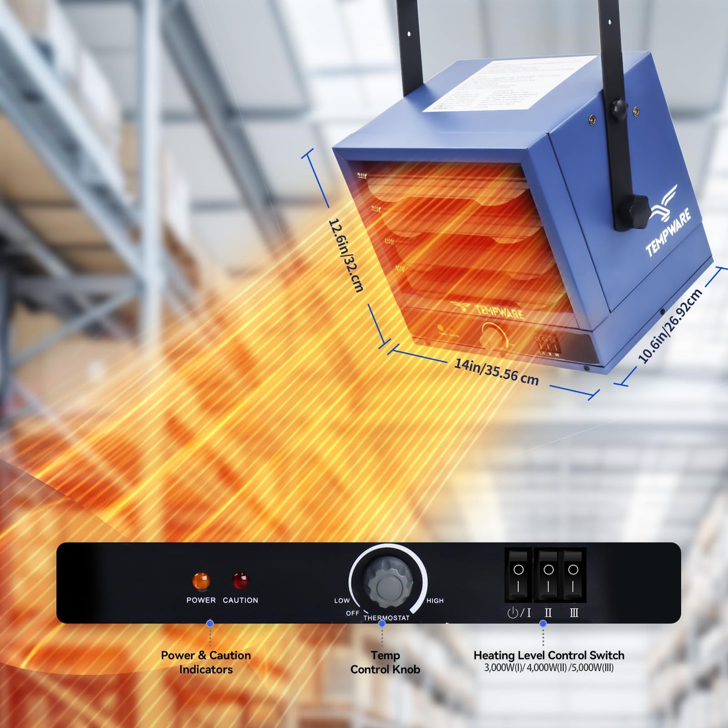 TEMPWARE Electric Garage Heater, 7500-Watt Digital Fan-Forced Ceiling Mount Shop Heater with Full-Function Remote, 240-Volt Hardwired 12-Hour Timer, Ideal for Workshop Blue