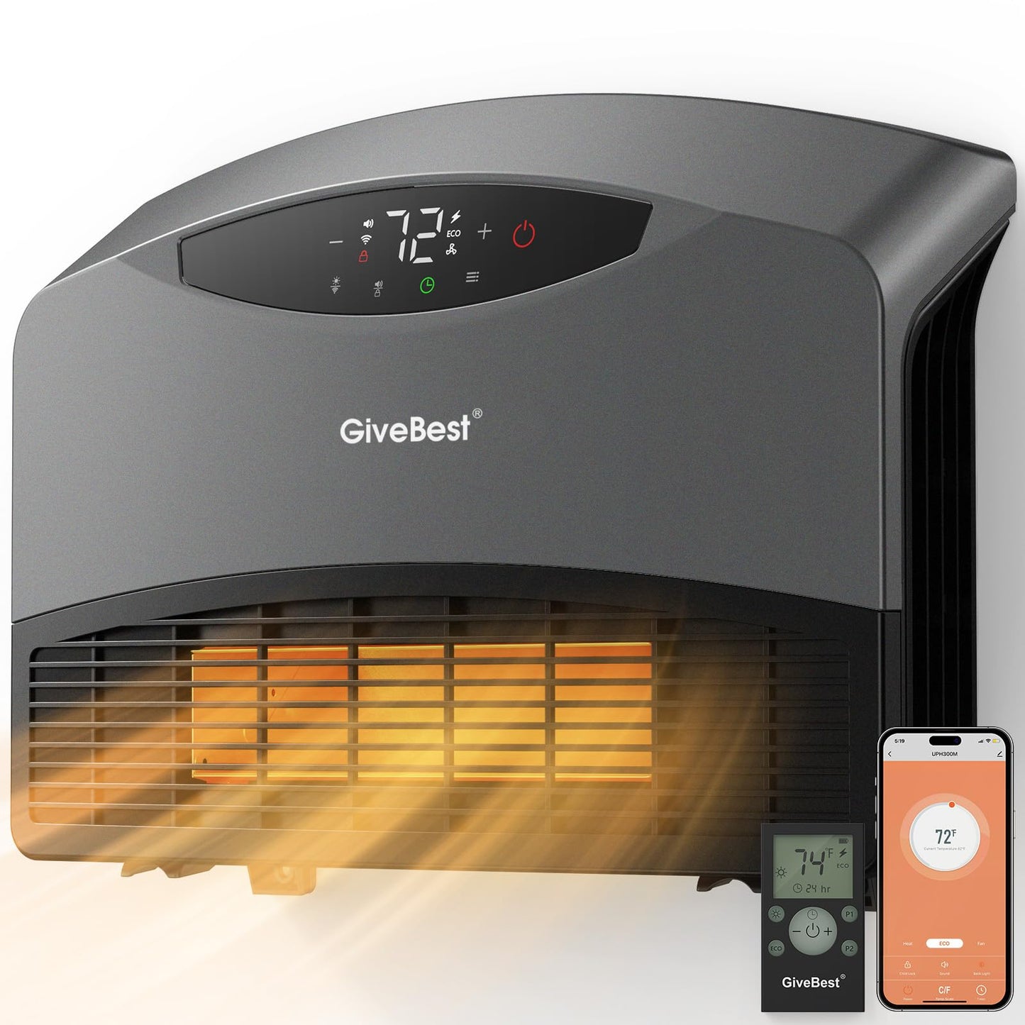 GiveBest Electric Wall Heater with WiFi and Remote Control, Floor or Wall Mounted Heater, Large Room Coverage, 3 Heating Modes, 1500W Fast Heating Space with Thermostat for Indoor Use