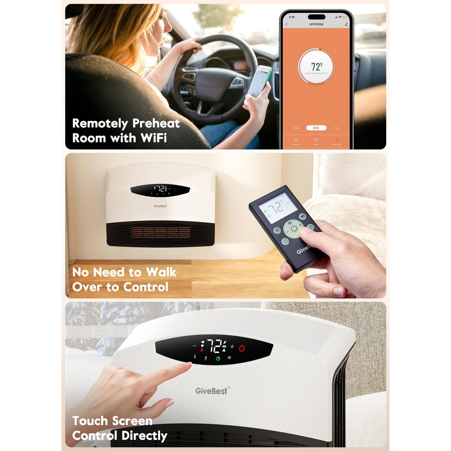 GiveBest Electric Wall Heater with WiFi and Remote Control, Floor or Wall Mounted Heater, Large Room Coverage, 3 Heating Modes, 1500W Fast Heating Space with Thermostat for Indoor Use