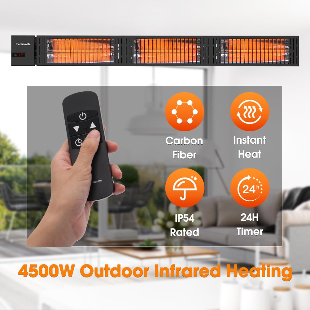 ThermoMate Infrared Electric Patio Heater, 3000W Carbon Fiber Heating for Outdoor/Indoor, Porch, Deck, Garage with Remote 24 Hours Timer, Hard Wired 240V