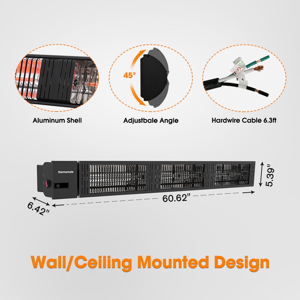 ThermoMate Infrared Electric Patio Heater, 3000W Carbon Fiber Heating for Outdoor/Indoor, Porch, Deck, Garage with Remote 24 Hours Timer, Hard Wired 240V