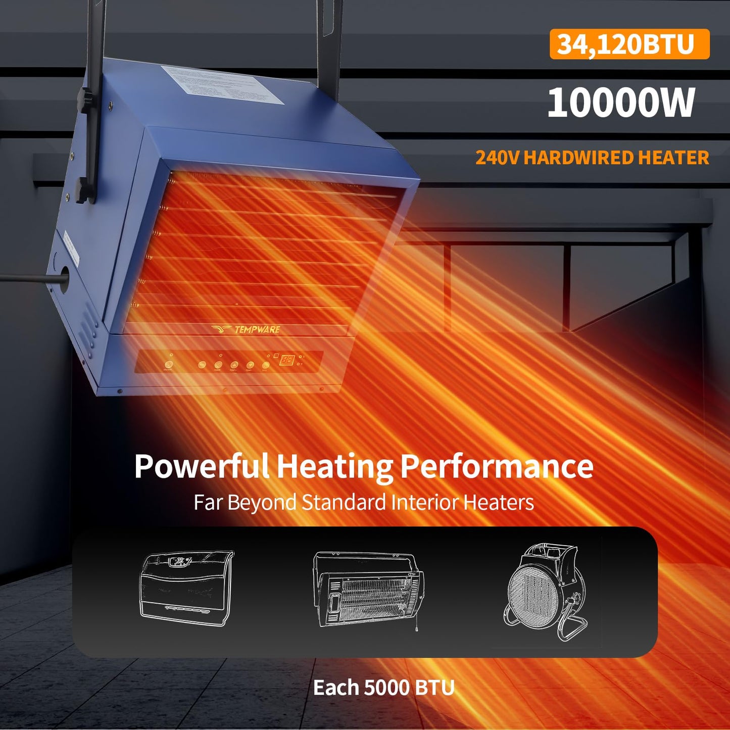 TEMPWARE Electric Garage Heater, 7500-Watt Digital Fan-Forced Ceiling Mount Shop Heater with Full-Function Remote, 240-Volt Hardwired 12-Hour Timer, Ideal for Workshop Blue