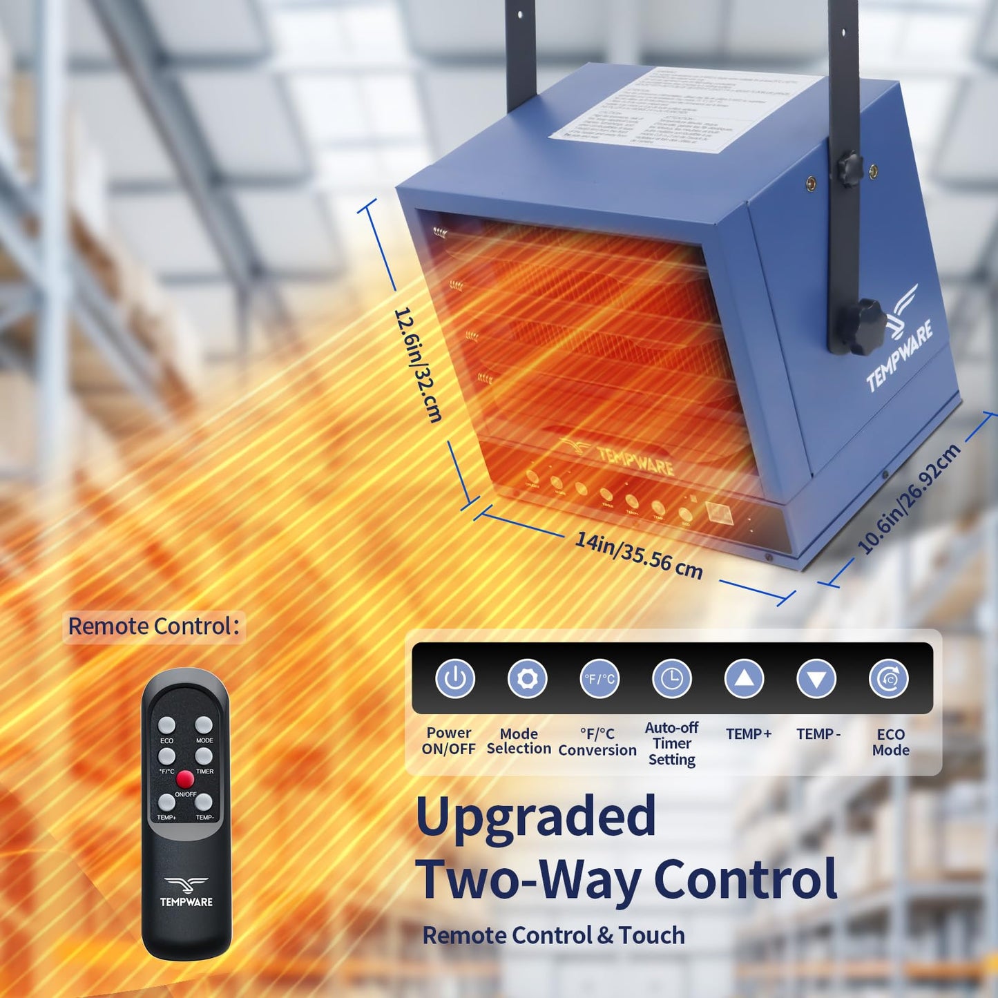 TEMPWARE Electric Garage Heater, 7500-Watt Digital Fan-Forced Ceiling Mount Shop Heater with Full-Function Remote, 240-Volt Hardwired 12-Hour Timer, Ideal for Workshop Blue