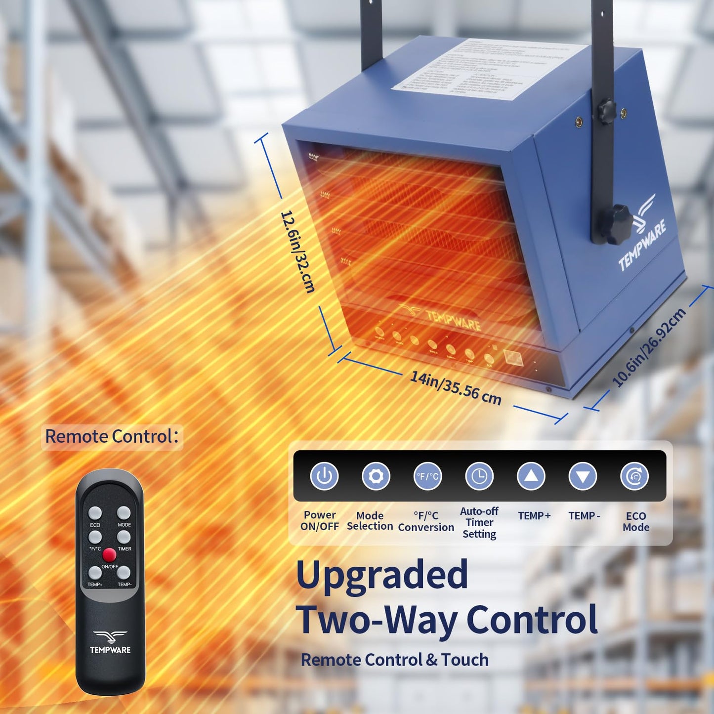 TEMPWARE Electric Garage Heater, 7500-Watt Digital Fan-Forced Ceiling Mount Shop Heater with Full-Function Remote, 240-Volt Hardwired 12-Hour Timer, Ideal for Workshop Blue