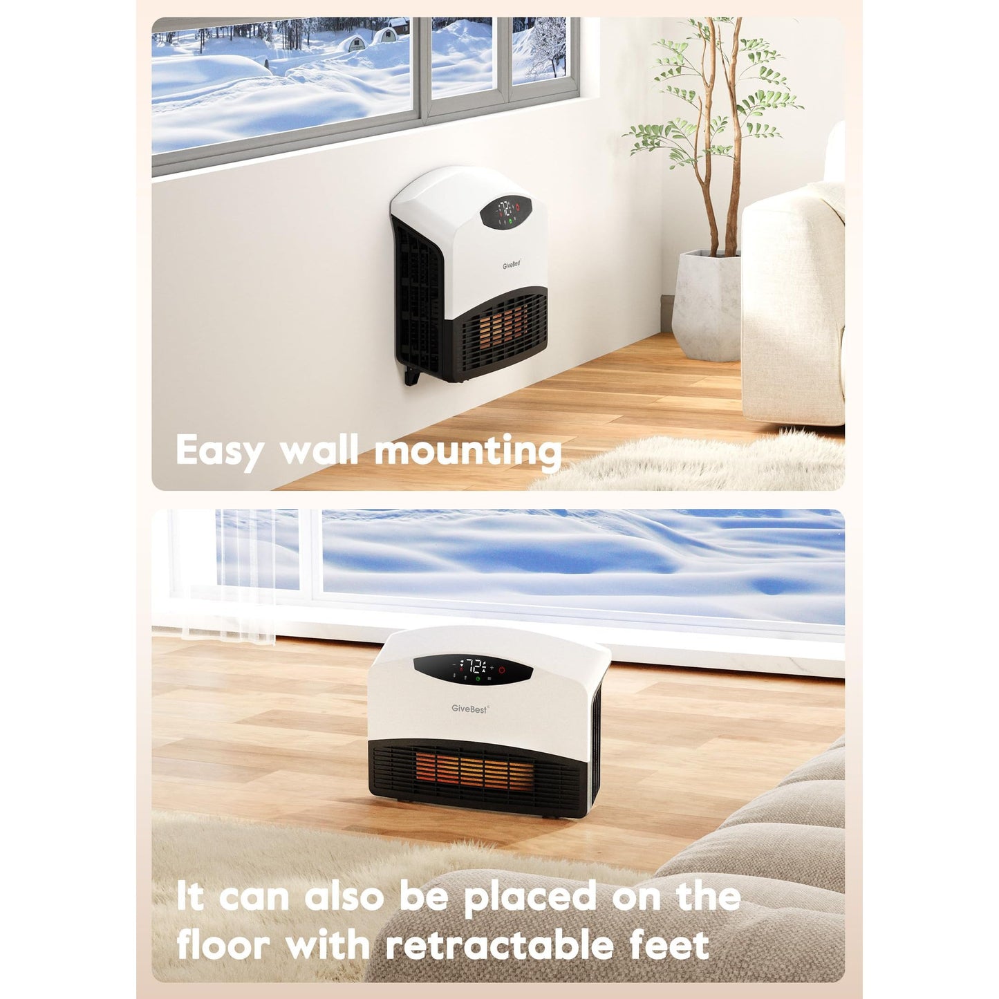 GiveBest Electric Wall Heater with WiFi and Remote Control, Floor or Wall Mounted Heater, Large Room Coverage, 3 Heating Modes, 1500W Fast Heating Space with Thermostat for Indoor Use