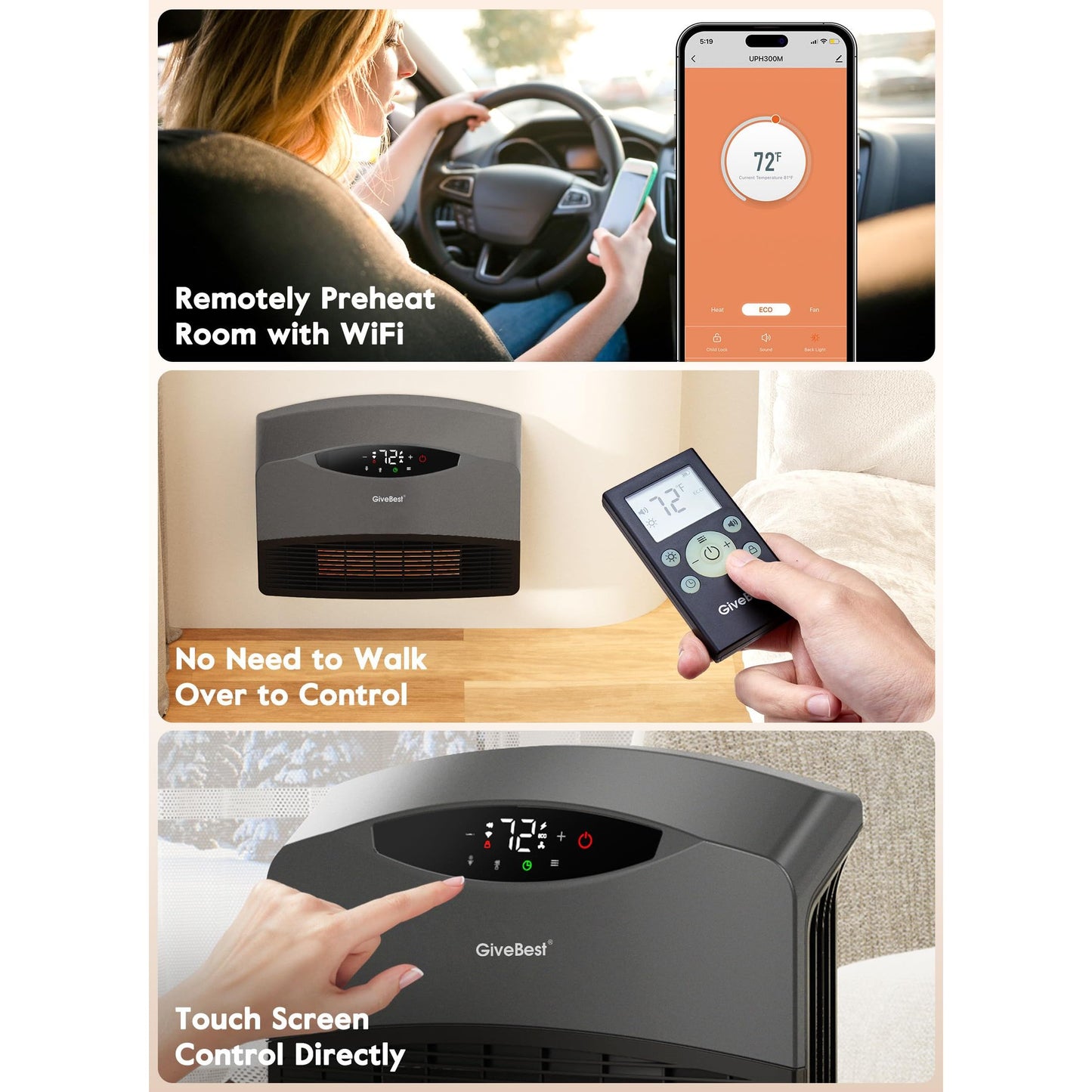 GiveBest Electric Wall Heater with WiFi and Remote Control, Floor or Wall Mounted Heater, Large Room Coverage, 3 Heating Modes, 1500W Fast Heating Space with Thermostat for Indoor Use