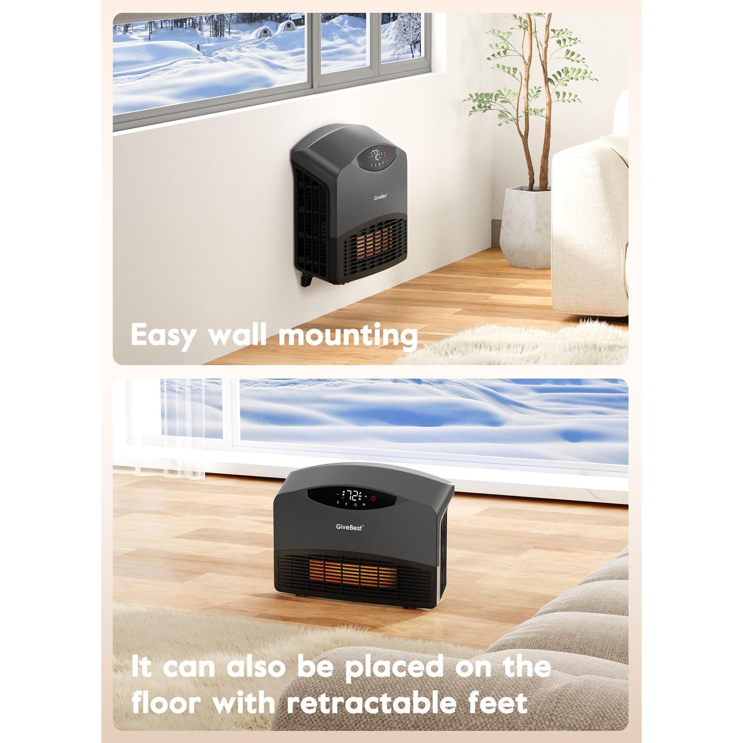 GiveBest Electric Wall Heater with WiFi and Remote Control, Floor or Wall Mounted Heater, Large Room Coverage, 3 Heating Modes, 1500W Fast Heating Space with Thermostat for Indoor Use