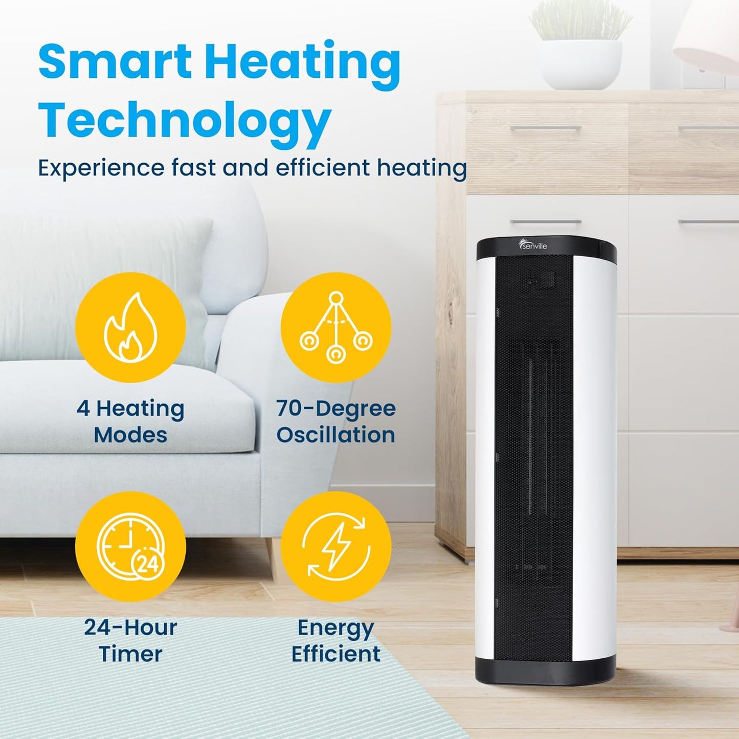 Senville 1500W Space Heater for Indoor Use, Electric, Ceramic, Remote, Digital Thermostat, Overheat Protection, Vertical & Horizontal Operation