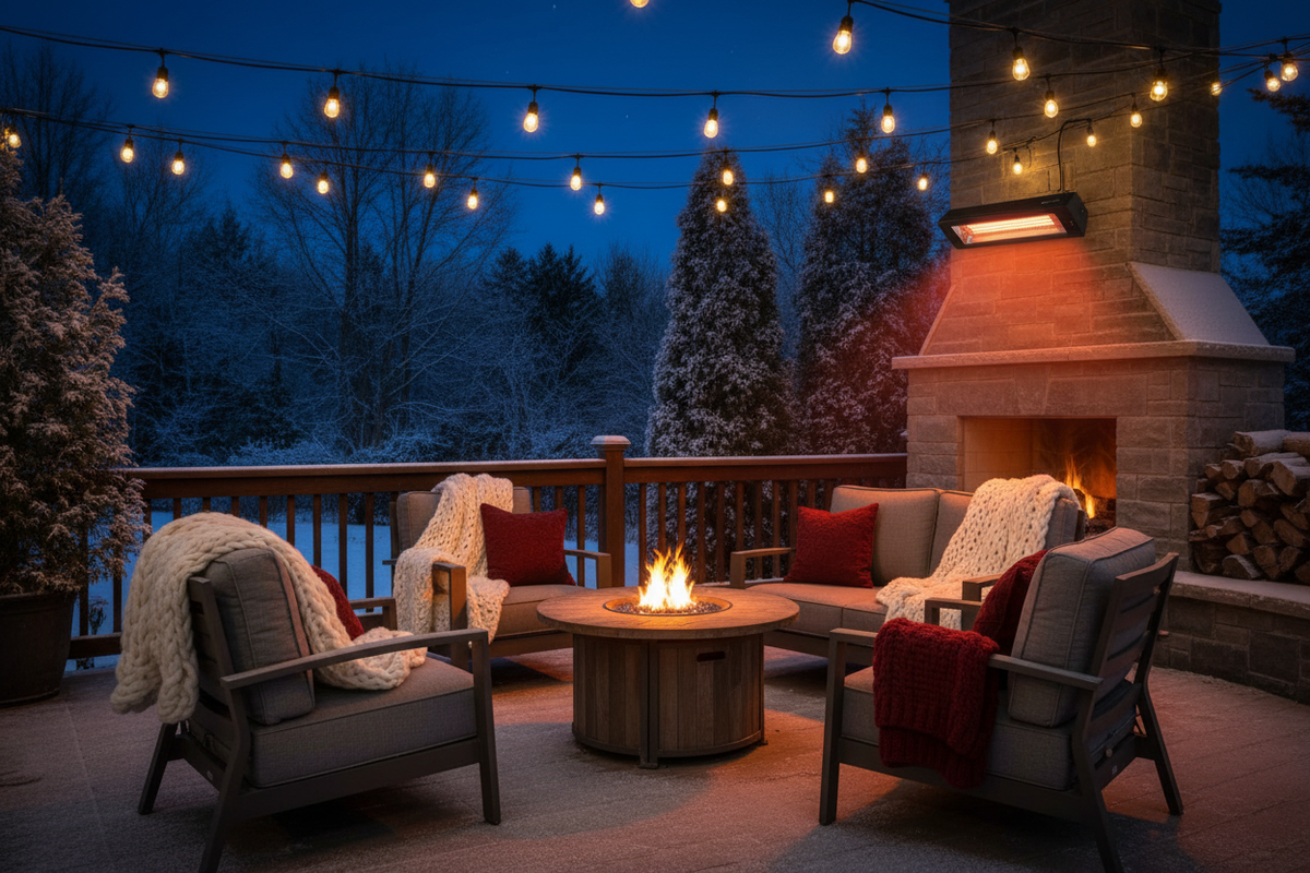 Cozy patio with infrared heater on cold night